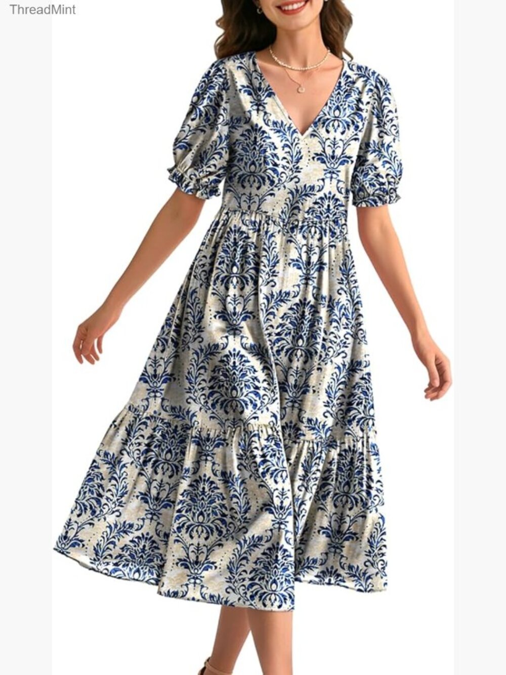 V Neck Short Sleeve Midi Dress with Pockets Floral A-Line Summer - Picture 1 of 7